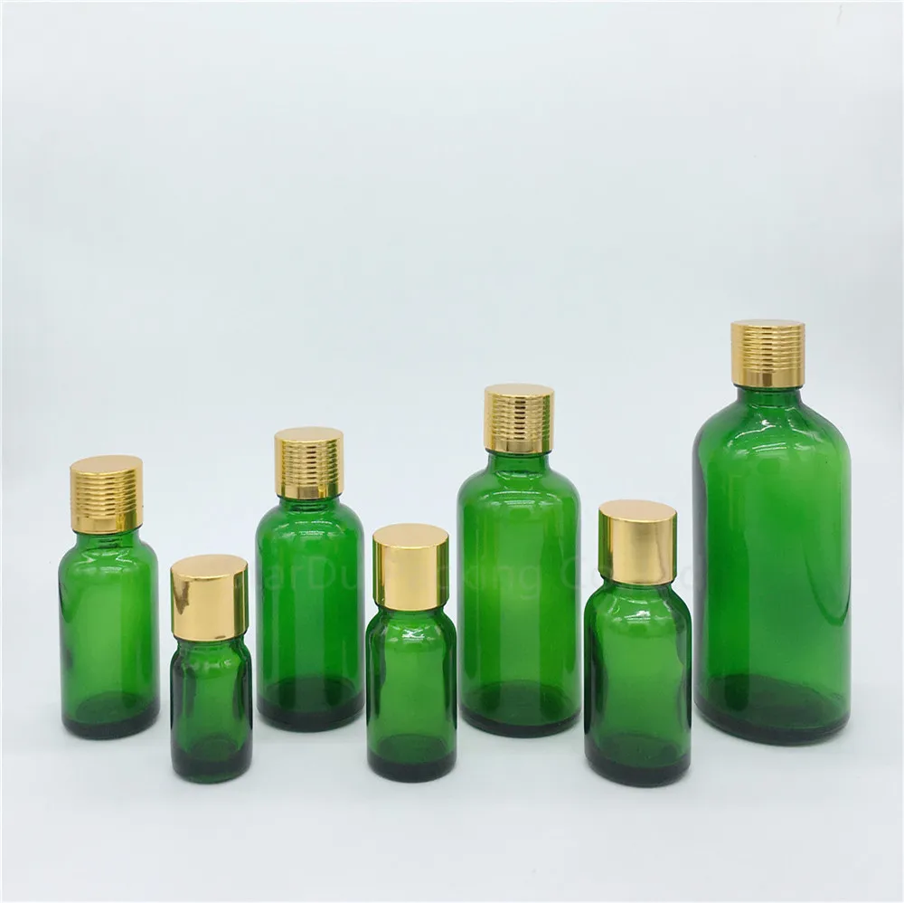

5ml/10ml/15ml/20ml/30ML/50ml/100ml Green Glass Bottle Vials Essential Oil Bottle with gold screw cap Perfume bottles