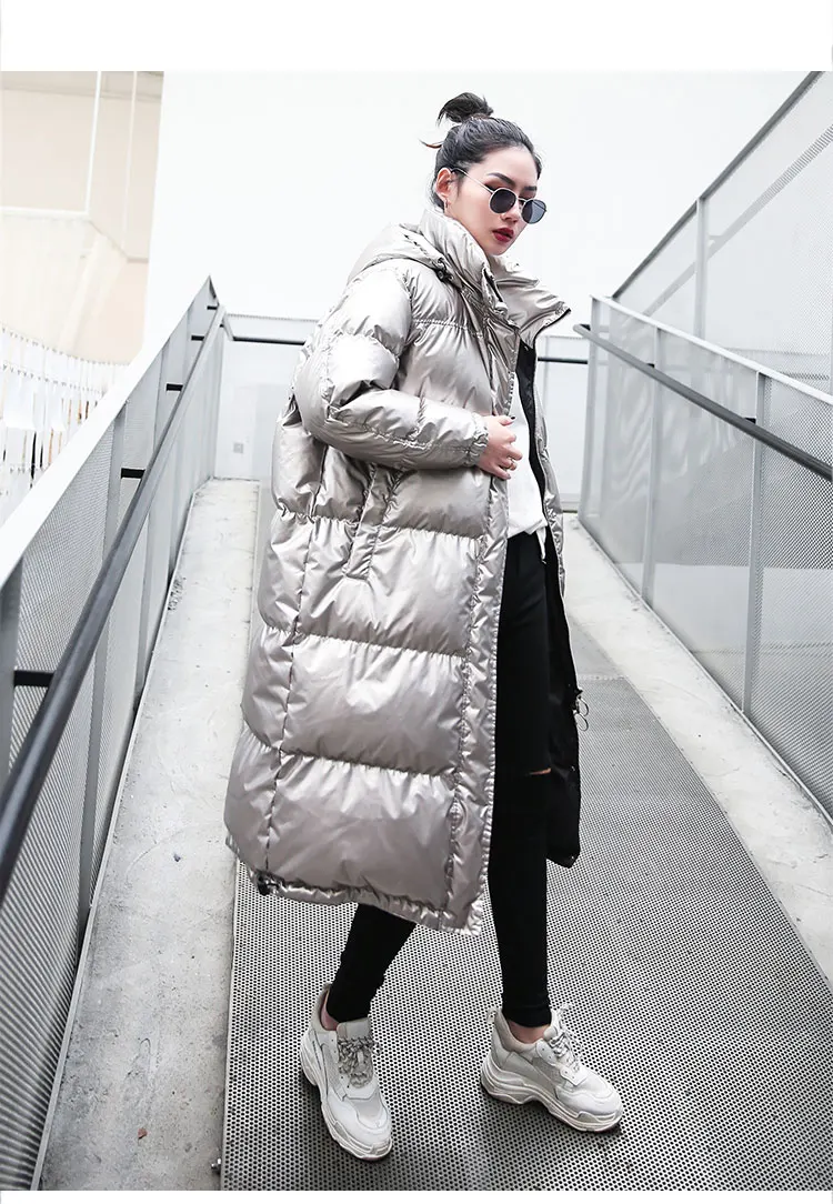 Long Silver Jackets Women Parka Winter Warm Outerwear Fashion Bright Cotton Coat Ladies Winter Loose Down Jacket Thick T399