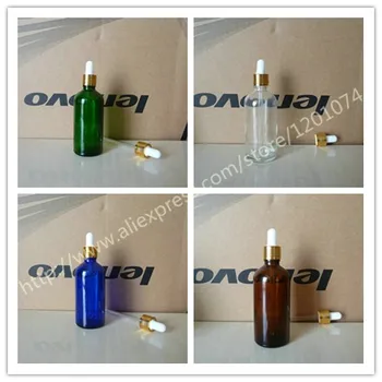 

100ml blue/green/clear/brown shiny Glass Essential Oil Bottle With shiny gold aluminum ring(lines)+white/black dropper cap.