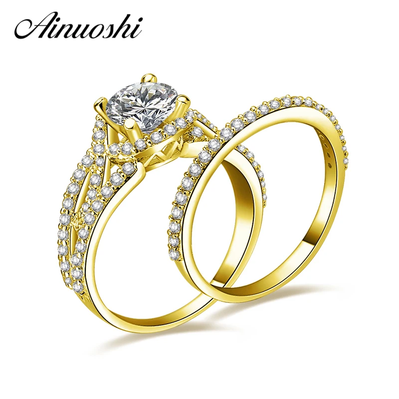 

AINUOSHI 10k Solid Yellow Gold Bridal Ring Set 1ct Round Cut Weaving SONA Diamond Shining Ring Set Engagement Wedding Jewelry