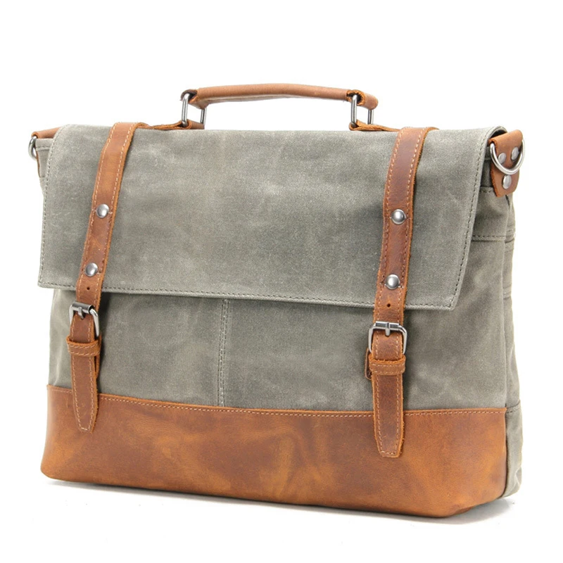 

Briefcase Men Waterproof Bags Male Laptop Briefcase Leather Vintage Oil Canvas Men's Leather Briefcase