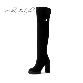 

Arden Furtado Fashion women's shoes winter 2019 pointed toe chunky heels 10cm over the knee high boots platform ladies boots 40