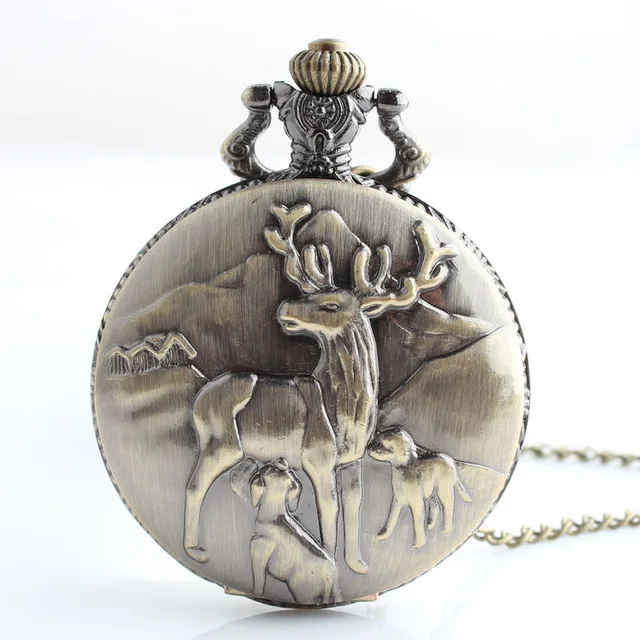 

New Hot Sale Bronze Canada Deer Pattern Quartz Pocket Watch Men Women Antique Watches With Long Chain Pocket Watch Pendant