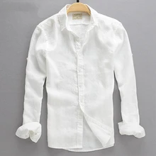 Летняя модная мужская повседневная льняная белая рубашка, мужская Тонкая приталенная рубашка размера плюс, однотонная мужская одежда, рубашка с длинным рукавом