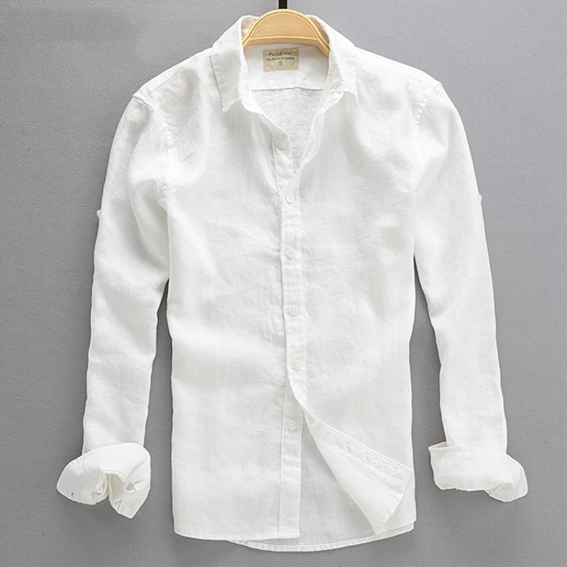 Meilleur 2018 Été Mode Masculine Casual Lin Blanc Chemise Hommes Mince Slim Fit Plus Taille Solide Couleur Hommes de Vêtements Fluide chemise à manches longues