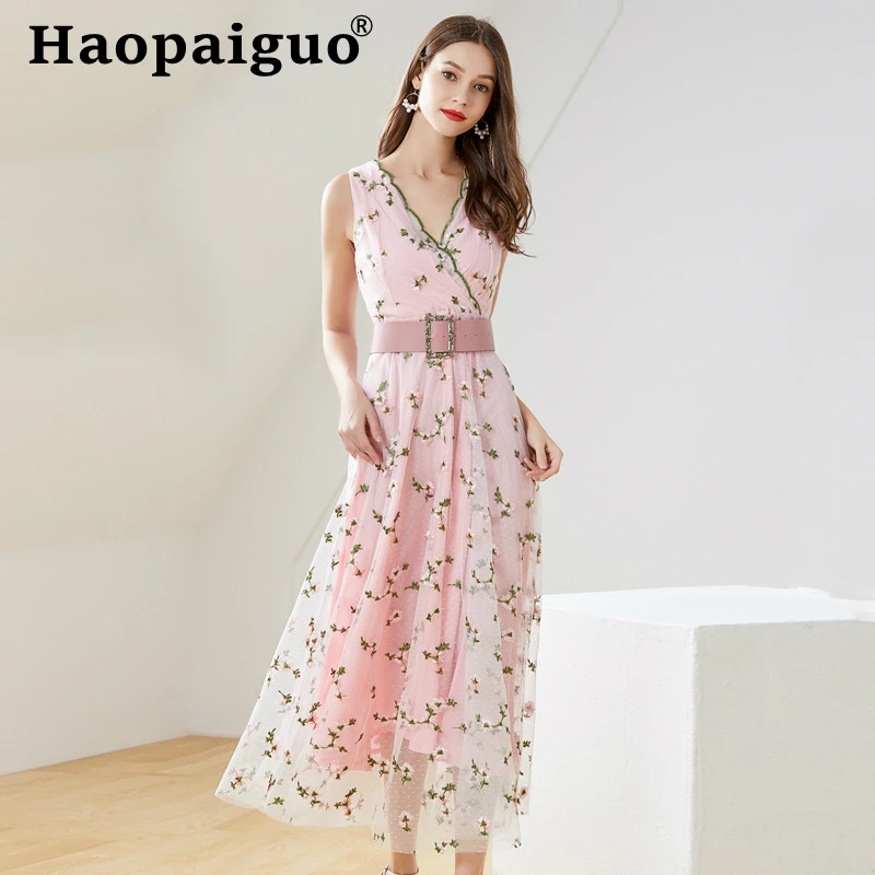 

Plus Size Mesh Patchwork Pink Dress Women Sleeveless Embroidery Midi Floral Dress Women Casual Sukienki Na Wesele Damskie Robe