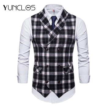 

YUNCLOS New Plaid Printed Mens Waistcoats Vests Slim Double-Breasted Men Vest Party Wedding Coletes Chaleco Hombre