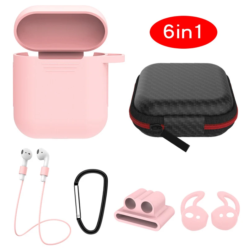 6 pcs In 1 Sets Silicone Protective Accessories Kits for Airpods 1 2 Case Ring Strap Hook Winder Holder Box Set Earpods Cover