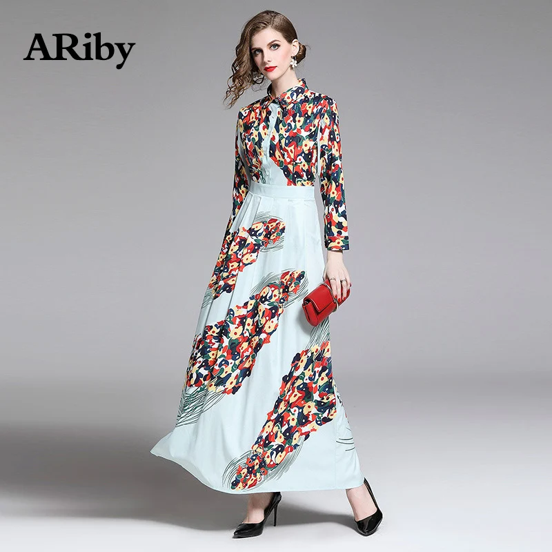 Turn-down Collar Dress Women Long Maxi Dress 2019 Spring/summer New Fashion Vintage Patchwork Print A-Line Slim Dress Vestidos