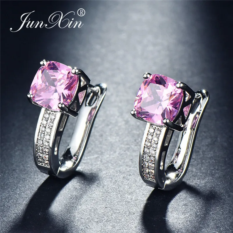 

JUNXIN Princess Multicolor Zircon Square Hoop Earrings For Women 925 Silver Filled Letters U Shaped White Blue Earrings Female