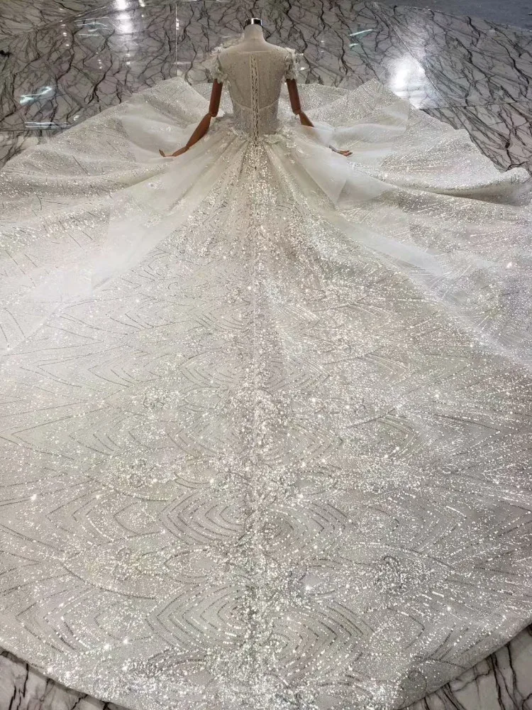 Trouwkleed короткие пышные рукава Свадебные платья с v-образным вырезом Тюль Бисер Свадебные платья Длинные Поезд Новое свадебное платье Novia