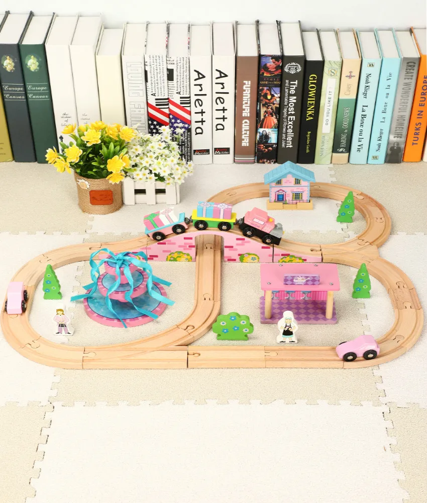 

Pink Fountain Scene Set Gifts Children Compatible Wooden Thoma train Track Toy Compatible With Brio Train Tracks Children's Toy