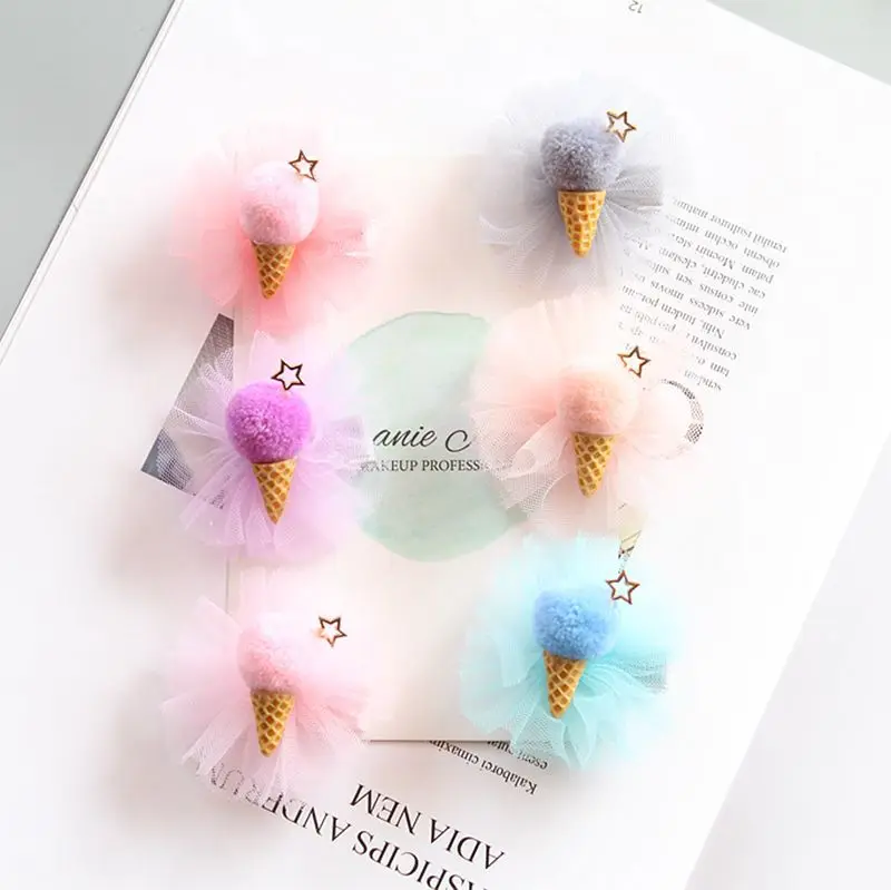 

1pc Boutique ins Fashion Cute Star Pom Pom Icecream Hairpins Tulle Fluffy Ball Hair Clips Princess Headwear Hair Accessories