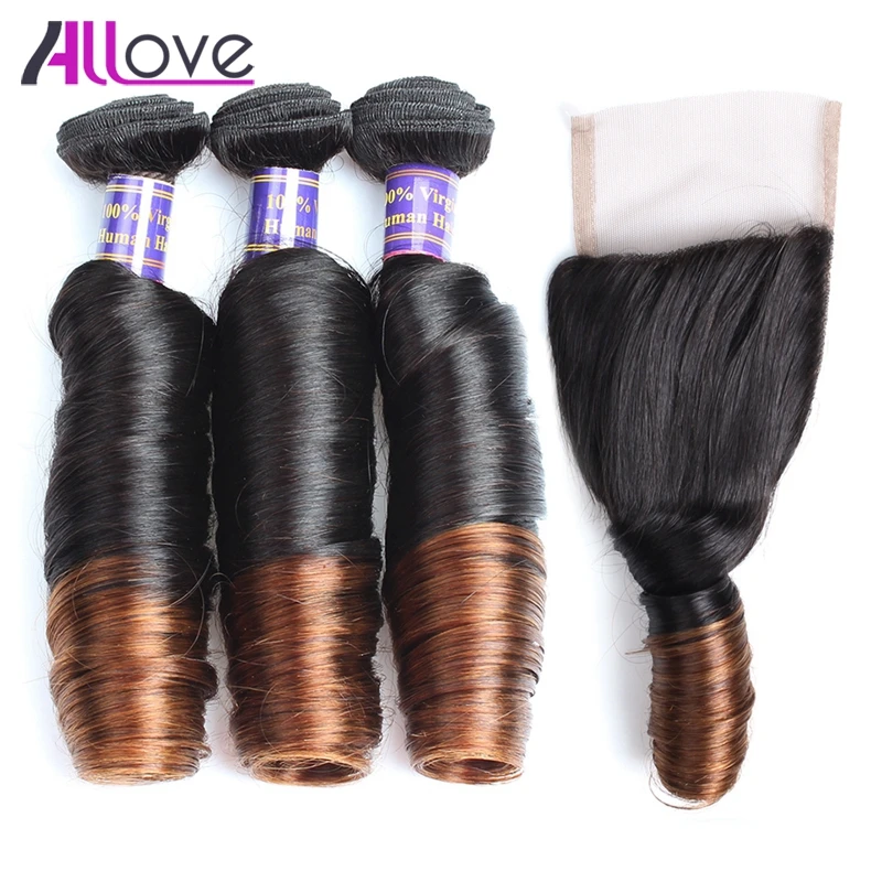 

Allove Ombre Malaysian Hair Spring Curly 1B/4# Two Tone Human Hair Weave 3 Bundles With Lace Closure Free Part Lace Closure
