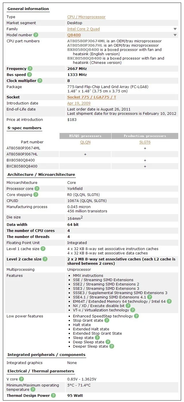 INTEL CORE 2 QUAD Q8400 процессор 2,66 ГГц 4 МБ кэш FSB 1333 Настольный LGA775 ЦП