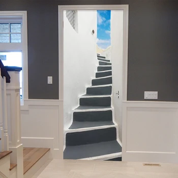 

PVC Self-Adhesive Waterproof Door Sticker Wallpaper 3D Stairs Blue And White Clouds Landscape Murals Living Room Bedroom Sticker