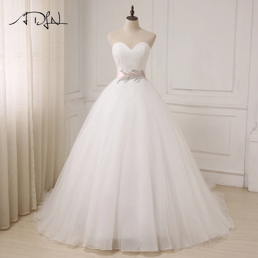 White/ivory Sweetheart Sleeveless Ball Gown Tulle Sahshes Pink Wedding Dress