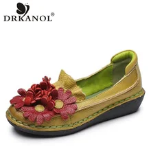 DRKANOL/ дизайн; Лоферы ручной работы из натуральной кожи без застежки; женская повседневная обувь на плоской подошве; милые плоские туфли для мамы с круглым носком и цветами