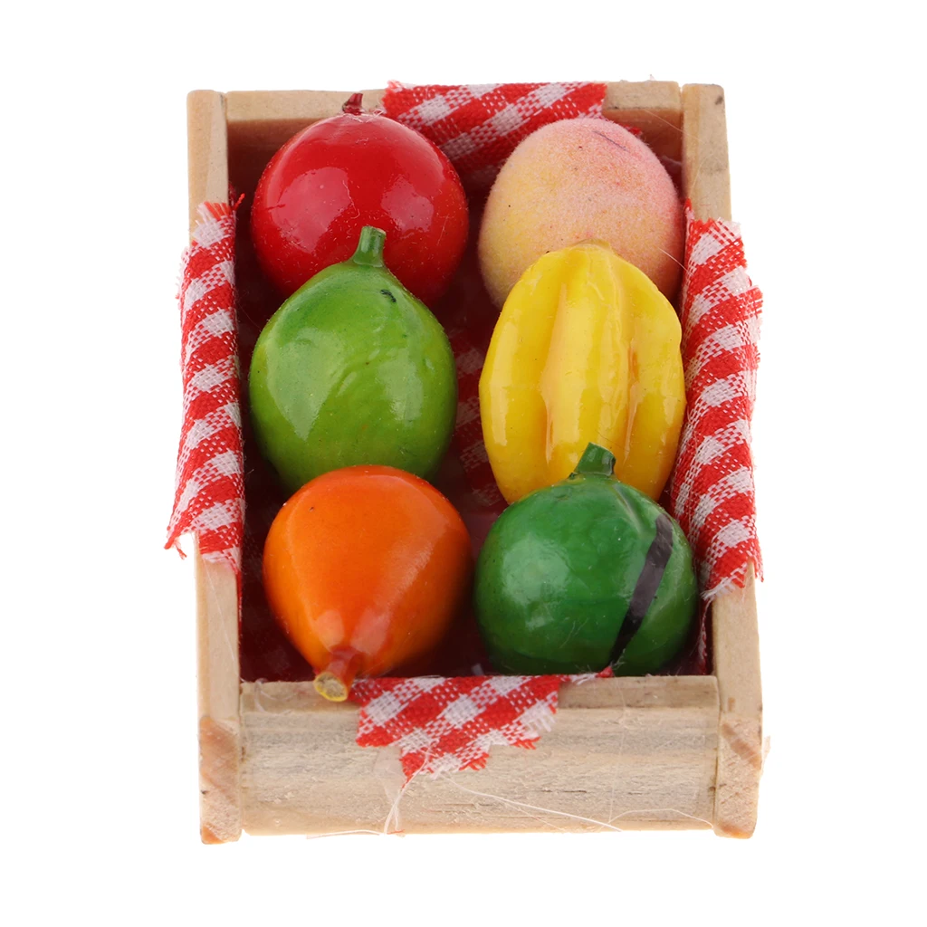 1/12 Dollhouse Miniature Dining Table Fruit Toys with Wood Storage Box Doll House Layout Accessories