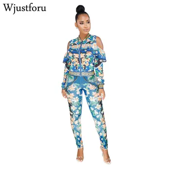 

Wjustforu New Fashion Floral Casual Two Piece Set Women Off Shoulder Ruffles Sexy Tracksuit Long Sleeve Elegant Two Piece Set