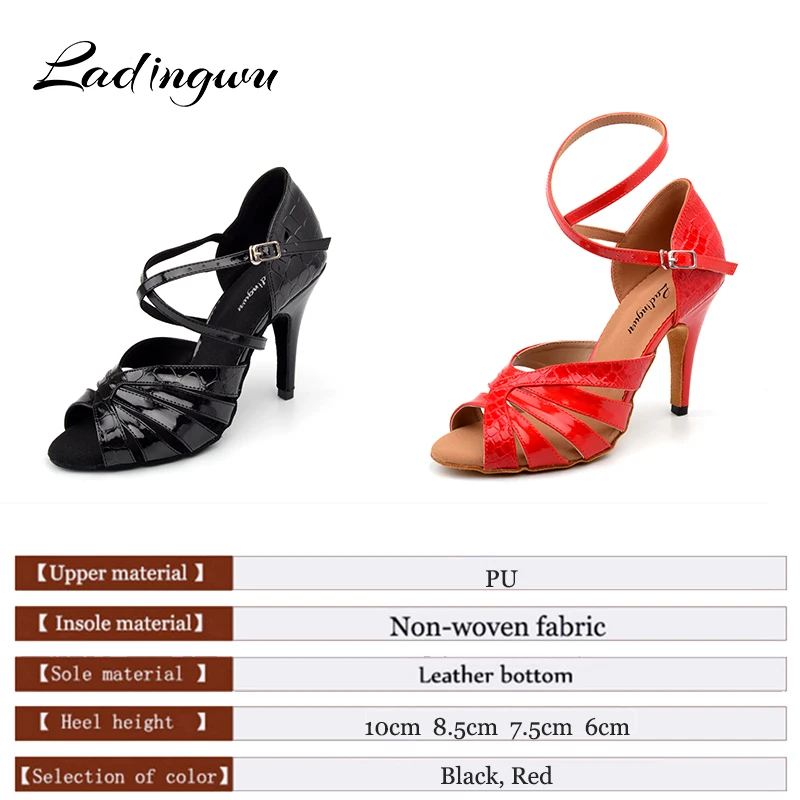 Ladingwu/Новинка; обувь для латинских танцев из искусственной кожи с текстурой крокодила; женская обувь для сальсы; Цвет черный, красный; сандалии для бальных танцев с мягкой подошвой; обувь на высоком каблуке