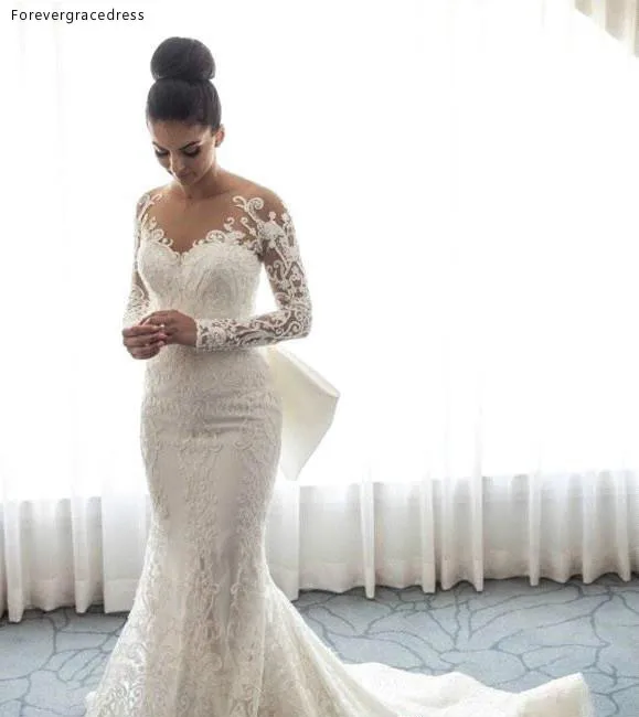 Gorgeous Long Sleeve Wedding Dress 2019 Mermaid Lace Bridal Gowns With Big Removable Skirt Bow Back BC0093  239 (2)