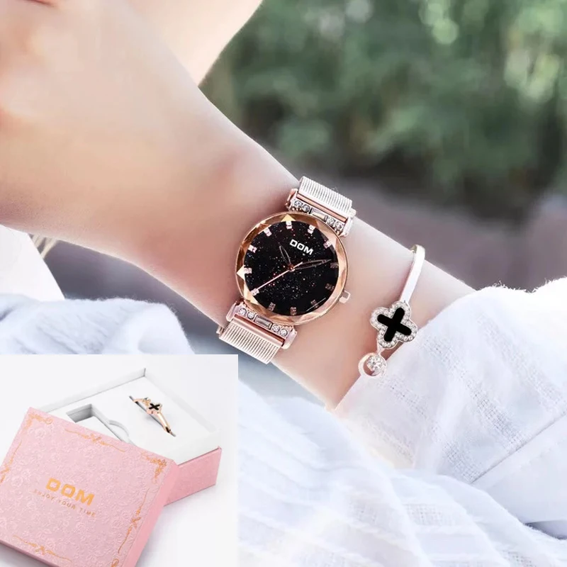 

DOM Luxury Starry Sky Watch 2Pcs Set Woman Black Watches Fashion Rose Gold Bracelet Female Wristwatch WIth Exquisite watch Box