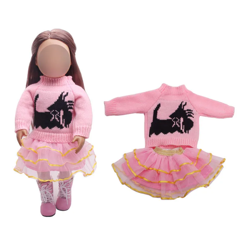 

18 inch Girls doll clothes Printed kitten pink sweater + cake skirt American new born Baby toys fit 43 cm baby c382