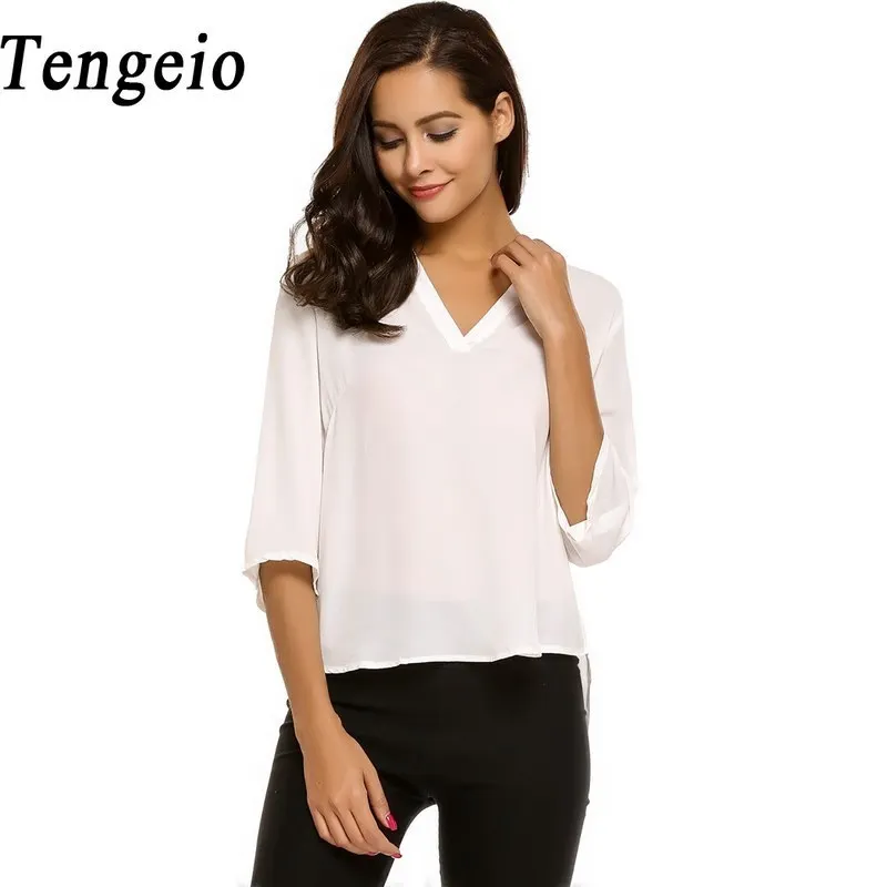 Tengeio White Women Chiffon Shirt Fashion V Neck Half