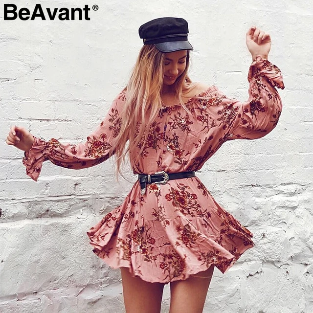 BeAvant Sexy cold shoulder boho midi dress Women ruffle floral print summer dress 2018 Chic pleated high waist beach dress femme
