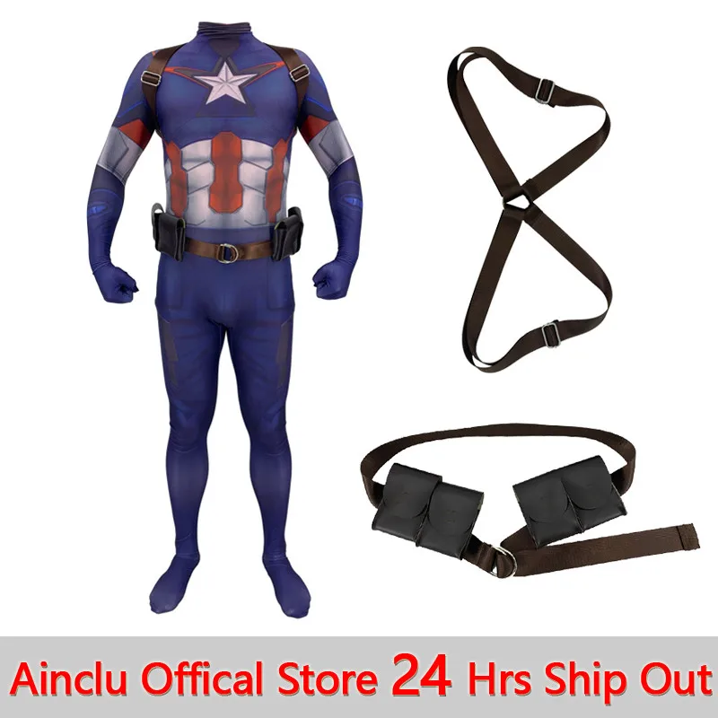 Newest Adults Kids Avengers Endgame Captain America Cosplay Costumes Bodysuits 3D Printed Lycra Zentai Jumpsuits with Belt/Strap