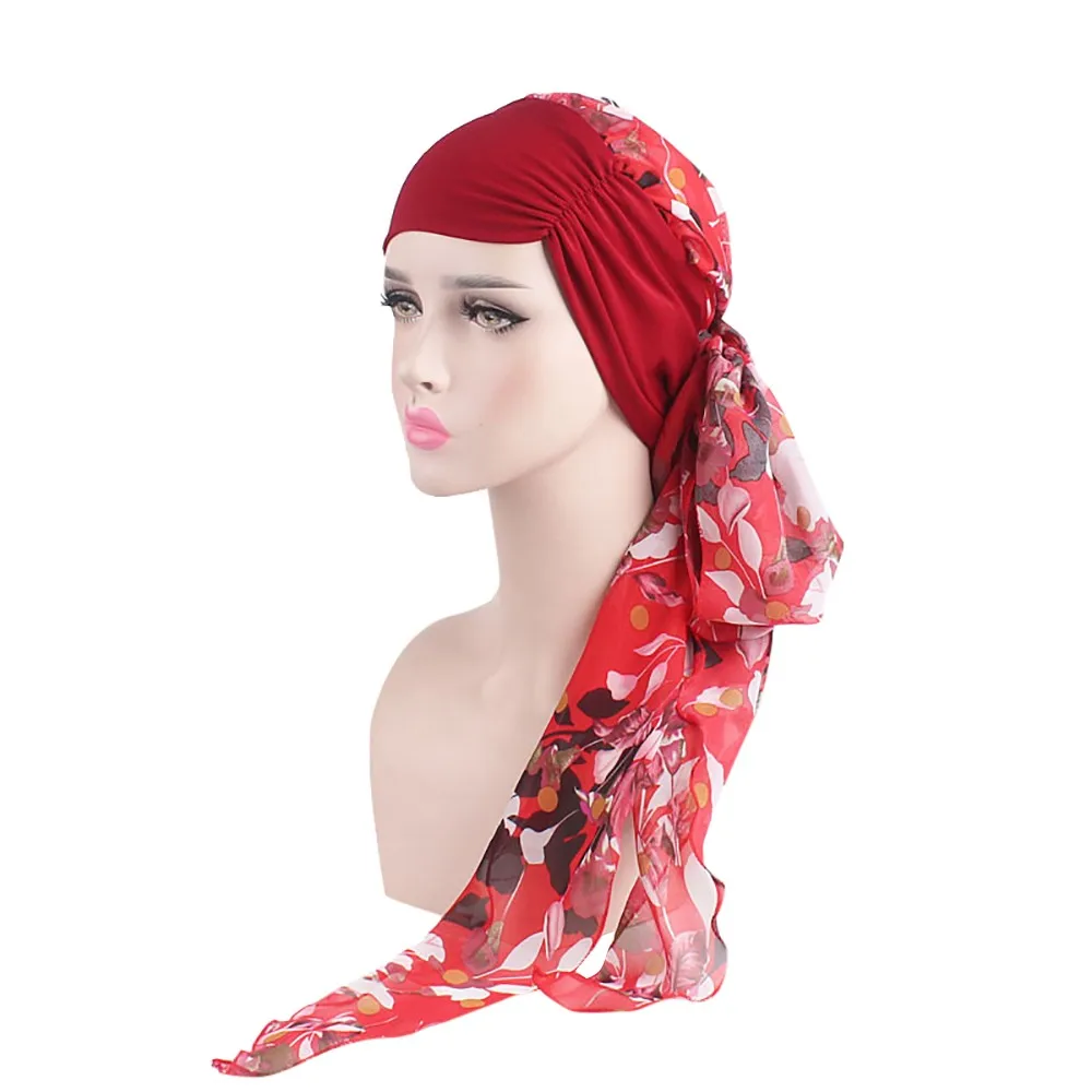 Модные женские весенние мусульманские тюрбан женские шифоновые шарфы шапки длинные волосы Головные уборы Шапки Хемо аксессуары для волос женские банданы