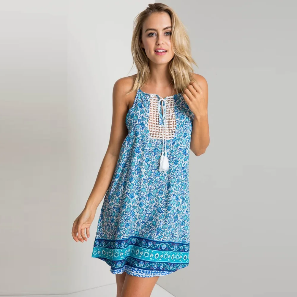 2016 font b Women b font Blue Floral Print Appliques Tie Front Sleeveless Y Back Mini