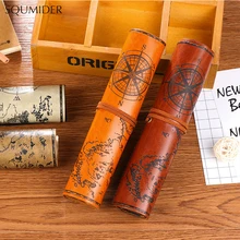 Rolo de caneta vintage pirata, imitação de couro, bolsa para lápis, mapa de tesouros, presente, para maquiagem, cosméticos capacidade da escola