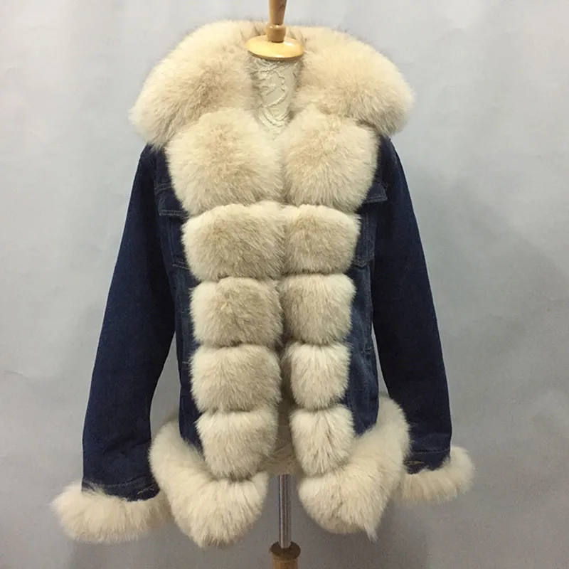 BFFUR 2018 New Arrival Real Fox Fur Coats Women Winter Denim Clothes Fur Collar Casual Jacket Lady Fur Parka Thick Warm Fur Coat Coats