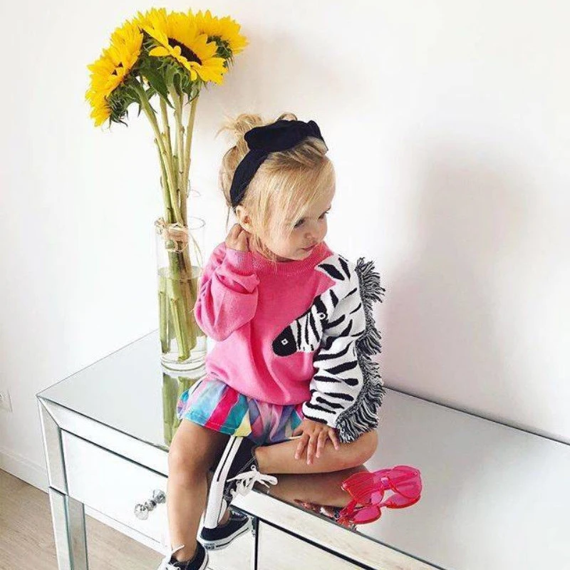 От 1 до 6 лет одежда для маленьких девочек с кисточками и 3D-принтом зебры; топ с длинными рукавами; элегантный розовый свитер; толстовки с капюшоном; милая одежда принцессы