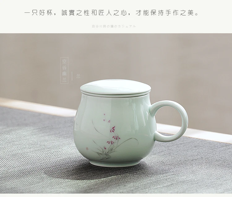 Jingdezhen green ceramic tea cups with cover filter cup mug gifts custom office water cup drinkware