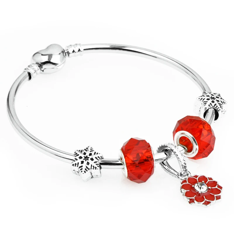 

Fashion Christmas Snow Flake Heart Silver Plated Red Crystal Bead Charm Bracelet&Bangle For Women Christmas Jewelry