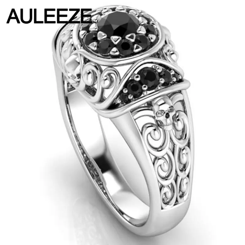

Halloween Unique Skull Ring Natural Black Agate Gemstone Ring Solid 10K White Gold Engagement Onxy Ring For Women Fine Jewelry