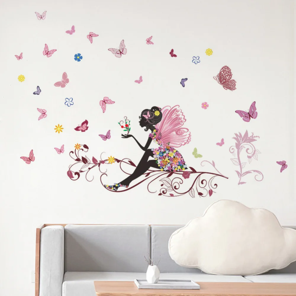 

Flower Vinyl Butterfly Fairy Dance Living Room Bedroom Wall Decorations Glass Home Decorating Wall art Wall sticker