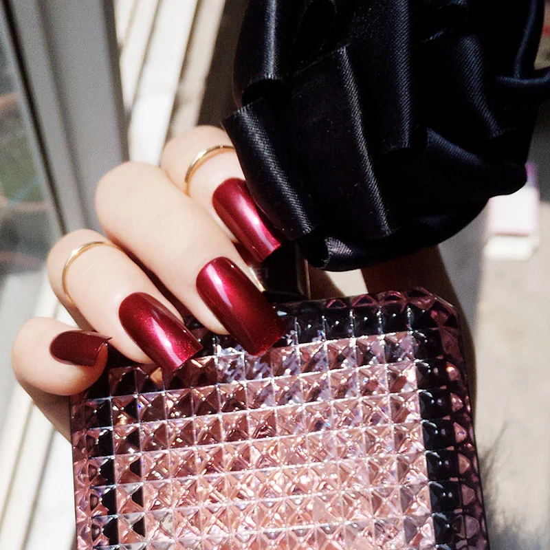 

Pearl Wine Red Solid Color Fake Nails Square Head Simple Temperament Manicure Accessories Bride's Fake Nail Patch Nail Art