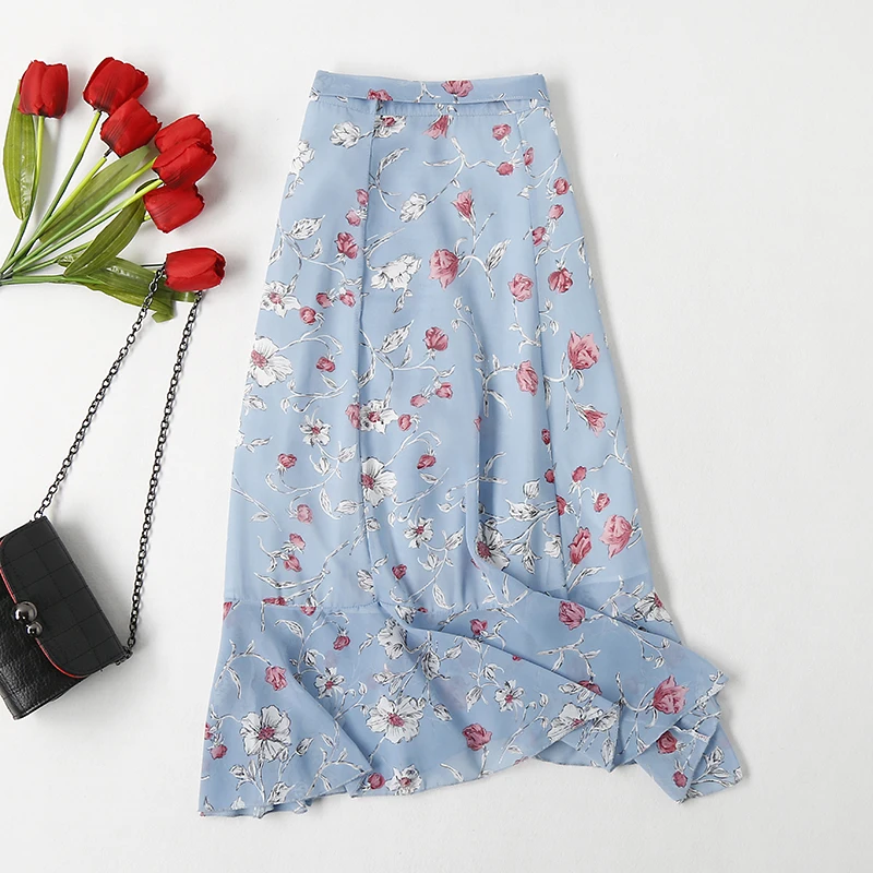 Женская Новинка, богемная пляжная шифоновая юбка, модная женская летняя юбка с цветочным принтом, асимметричная юбка с оборками и подкладкой