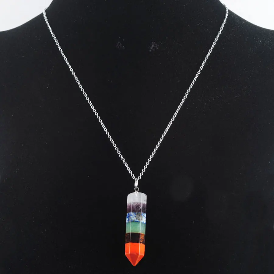 

WOJIAER Rainbow 7 Chakra Layered Healing Dowsing Reiki Pendulum With Necklace Chain 18 Inches LBN347