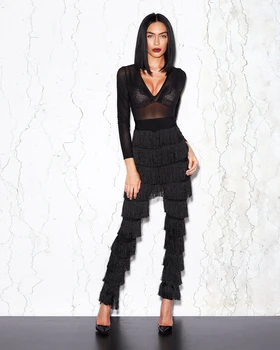

New Design 2017 Black Sexy Mesh See Through Women Jumpsuit Bandage Bodycon Tassel Chick Runway Party Jumpsuit
