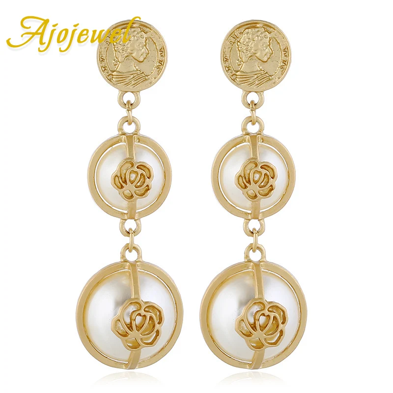 

Ajojewel Europe Style Emboss Rose Flower Retro Earrings For Women With Simulated Pearl Jewelry Matte Golden Color