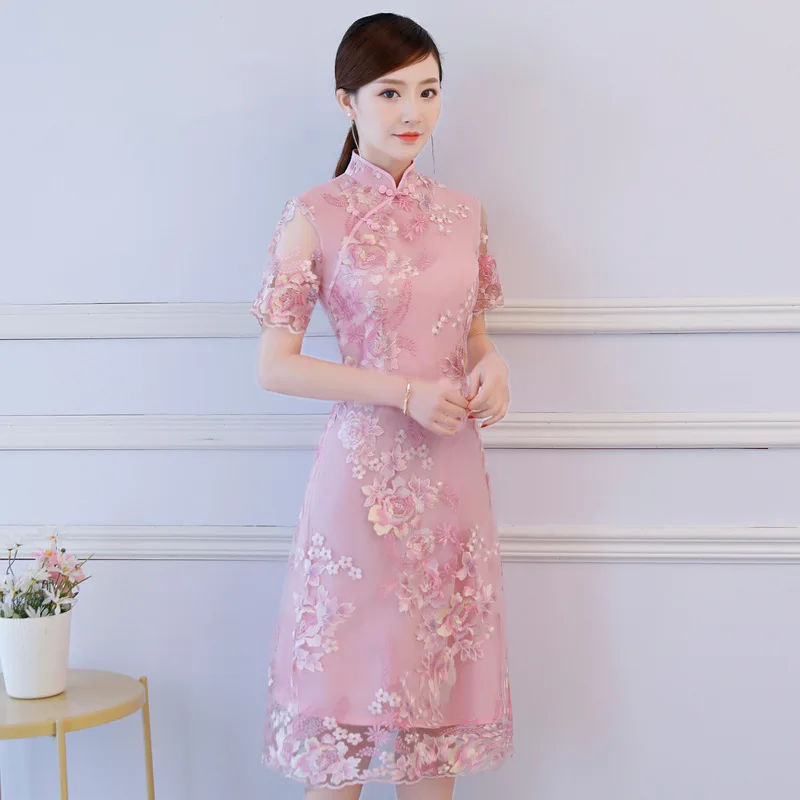 

Women Pink Elegant Cheongsam 2019 New Floral Mandarin Collar Vintage Lace Qipao Plus Size Slim Chinese Dress Lady Vestidos S-3XL