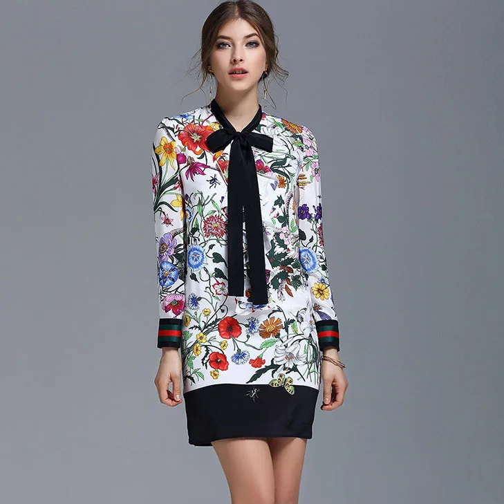 Luxury New Arrival Women's Spring Summer Long Sleeves Bow Detailing Printed 100% Silk Floral Straight Casual Dresses | Женская