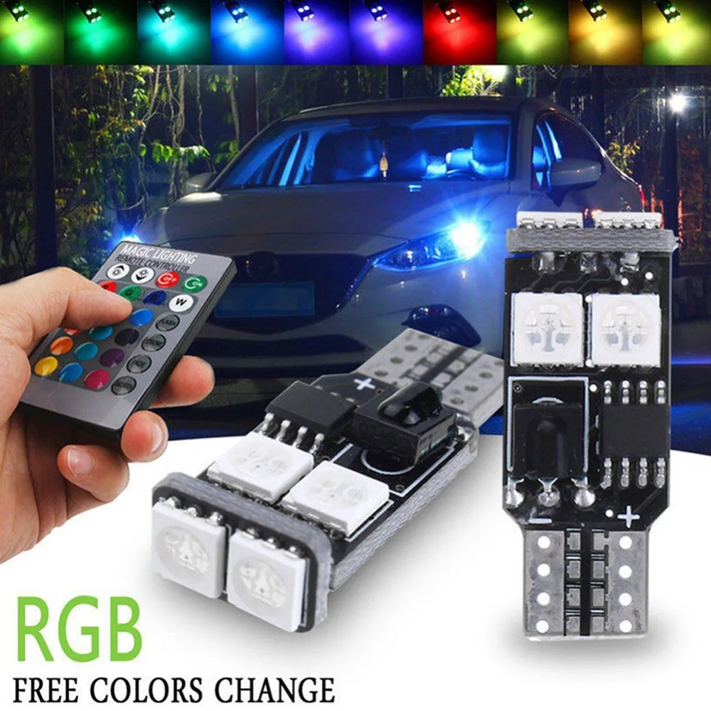 

2pcs T10 Width Light RGB 6 SMD 5050 LED Car Auto Wedge Side Light Interior Reading Lamp Bulb With Remote Control DC 12V
