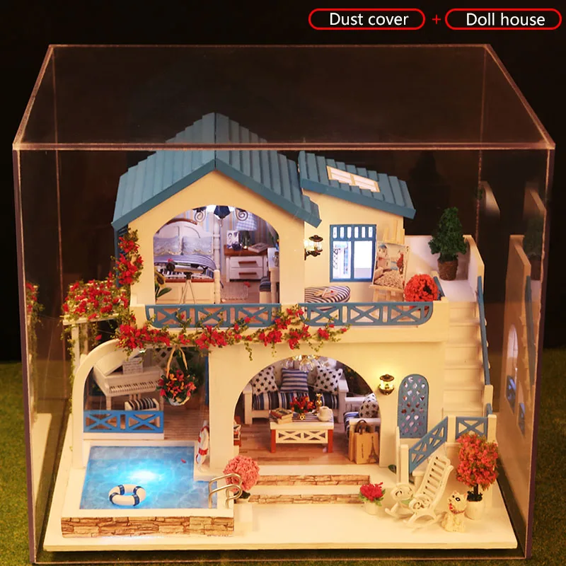 Синий и белый город кукольный дом мебель Diy Миниатюрный 3D Деревянный миниатюрный кукольный домик Каса игрушки для детей подарки на день рождения - Цвет: (No Box)  Dust Cover
