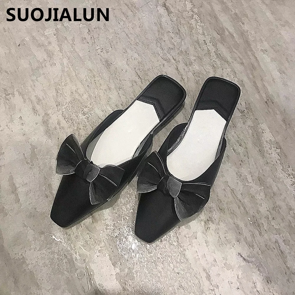 

Bow Slippers Women Flat Mules Shoes women Pointed Toe Slip-on Slides Female Spring&Summer Sandals Flat Slides Zapatos De Mujer